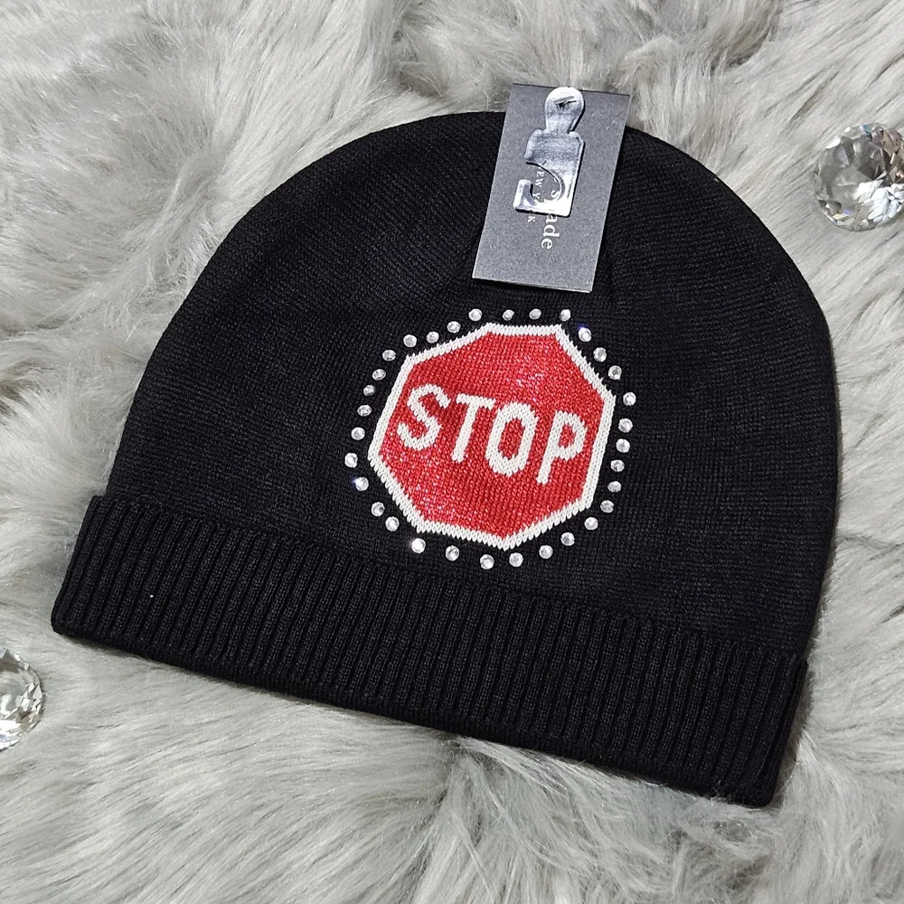Kate Spade Hat Beanie Black Wool Blend Traffic Sign Stop Sign Go Rhinestones NWT
